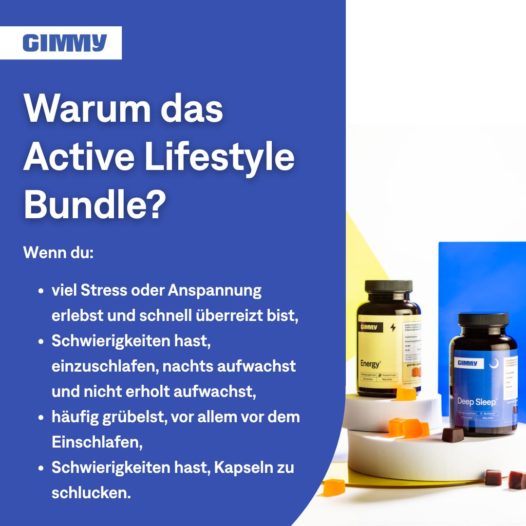 Twee flessen en gummies op een wit oppervlak. Tekst: Waarom de Active Lifestyle Bundle?
