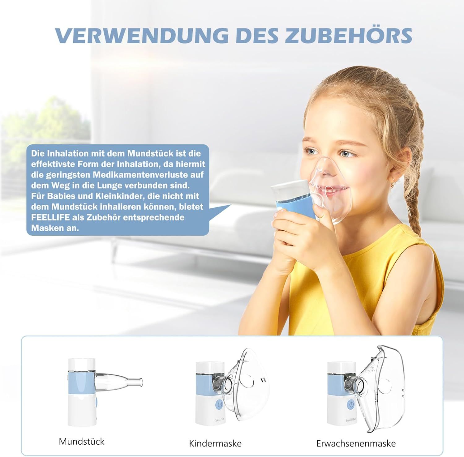 Enfant inhalant avec masque. Appareil bleu et blanc. Texte : Utilisation des accessoires. Embout buccal, masque enfant, masque adulte.