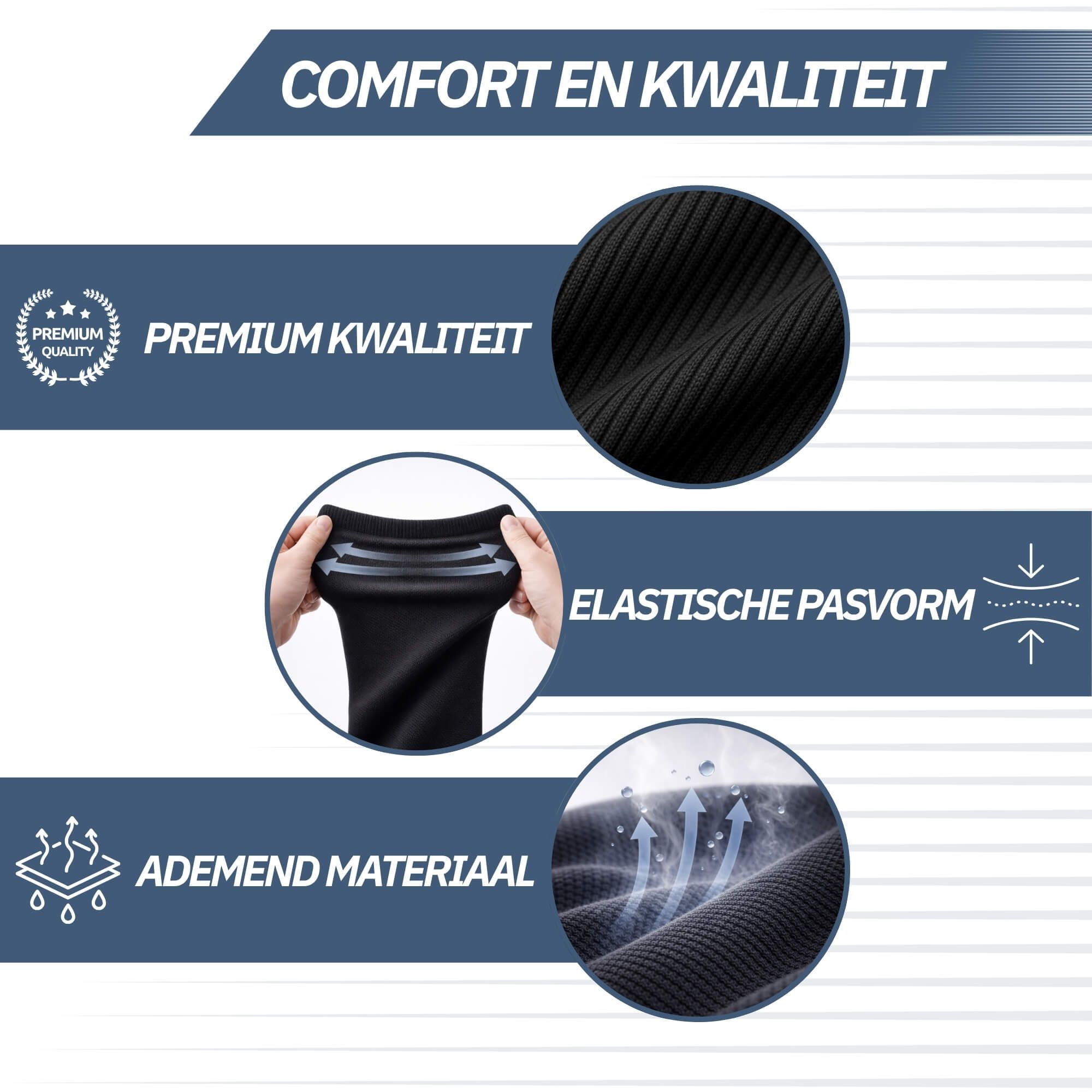 Chaussettes de compression noires, texture côtelée, ajustement élastique. Matière respirante.