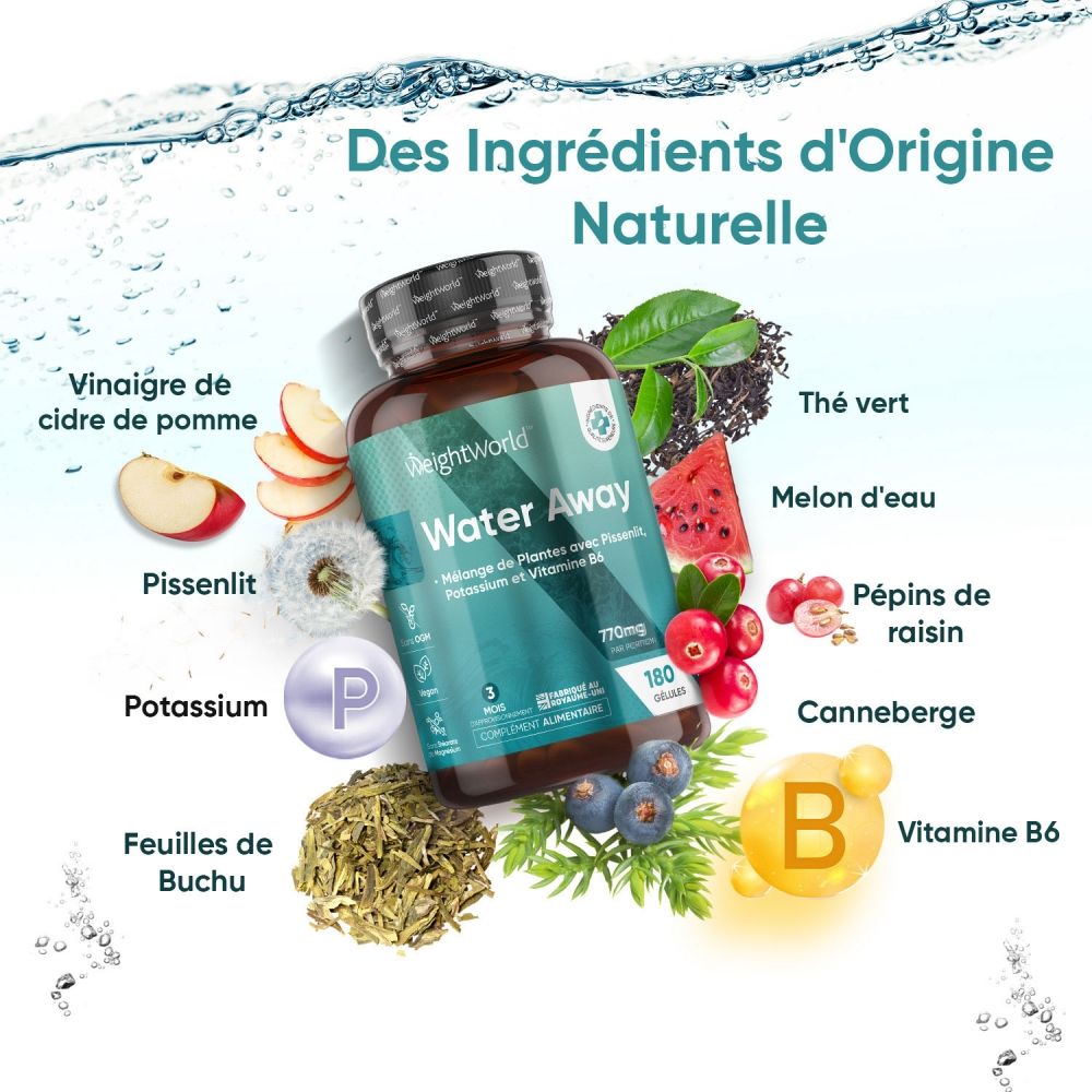 Flacon Water Away. 180 gélules. 3 mois d'approvisionnement. Végétalien. Ingrédients naturels. Source de nutriments.