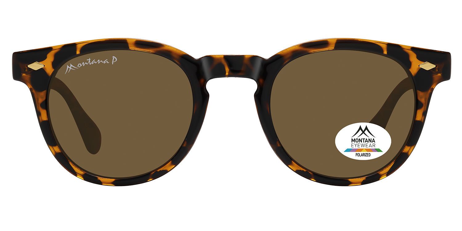 Lunettes de soleil marron et motif écaille de tortue. Logo et autocollant "Polarized" sur le verre. Marque : Montana Eyewear.