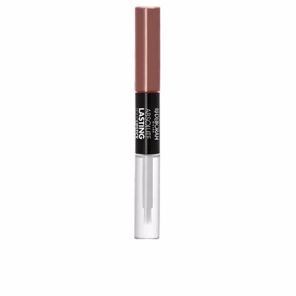 Deborah Milano Absolute Lasting Liquid Lipstick 09. Dubbele lipstick. Bruine tint. Zwart middendeel met tekst.