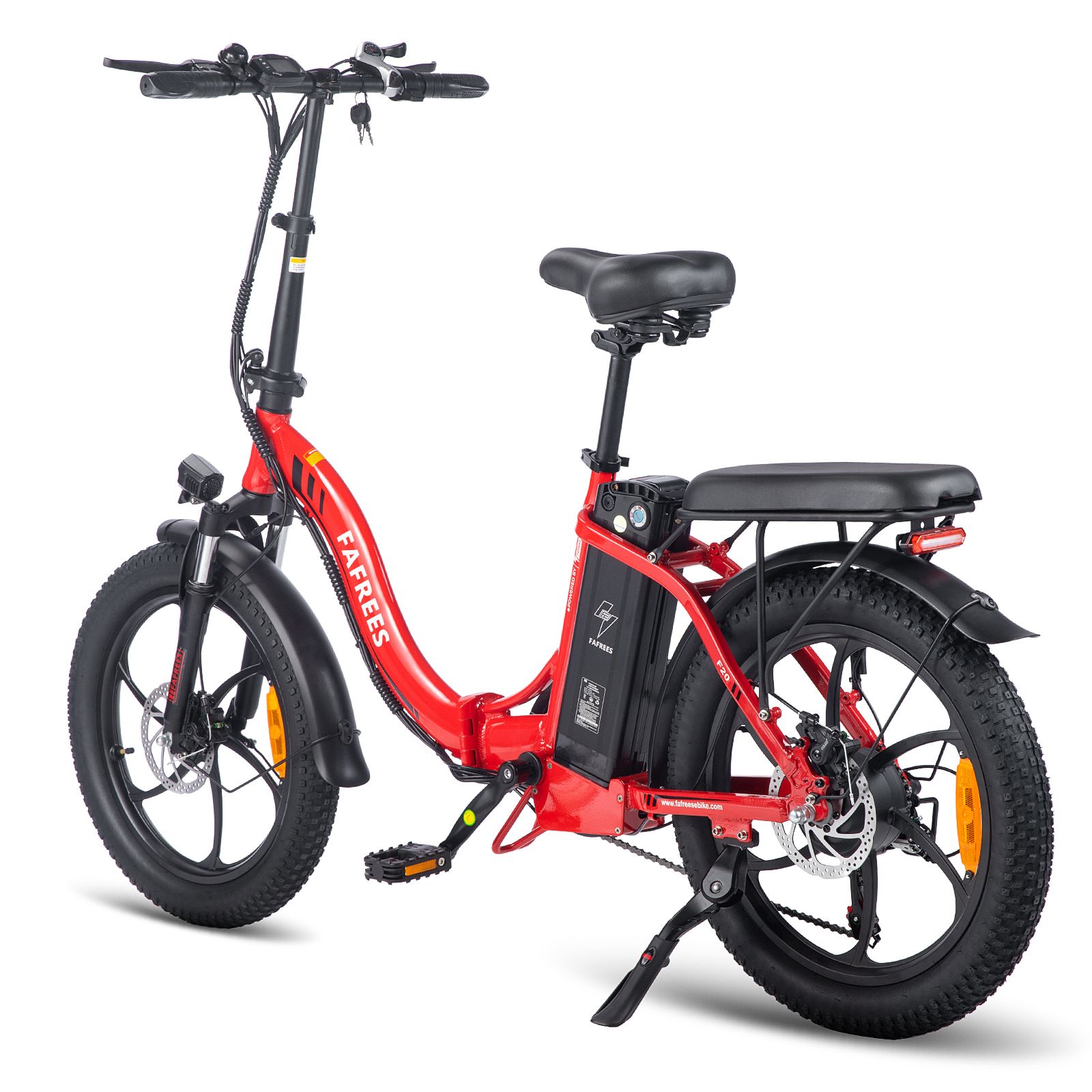 Vélo électrique pliable FAFREES F20 rouge. Pneus, selle et porte-bagages noirs. Batterie sur cadre. Éclairage et garde-boue.