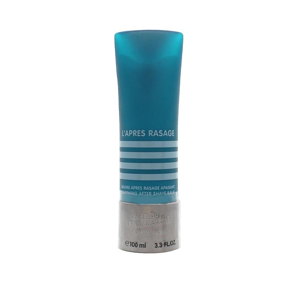 Turquoise tube met zilveren basis. Tekst: L'APRES RASAGE, After Shave Balm, 100 ml, Jean Paul Gaultier.