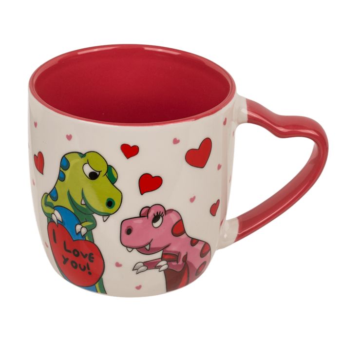 Beker met dinosaurusontwerp, rode binnenkant en hartvormig handvat. Opschrift 'I love you'.