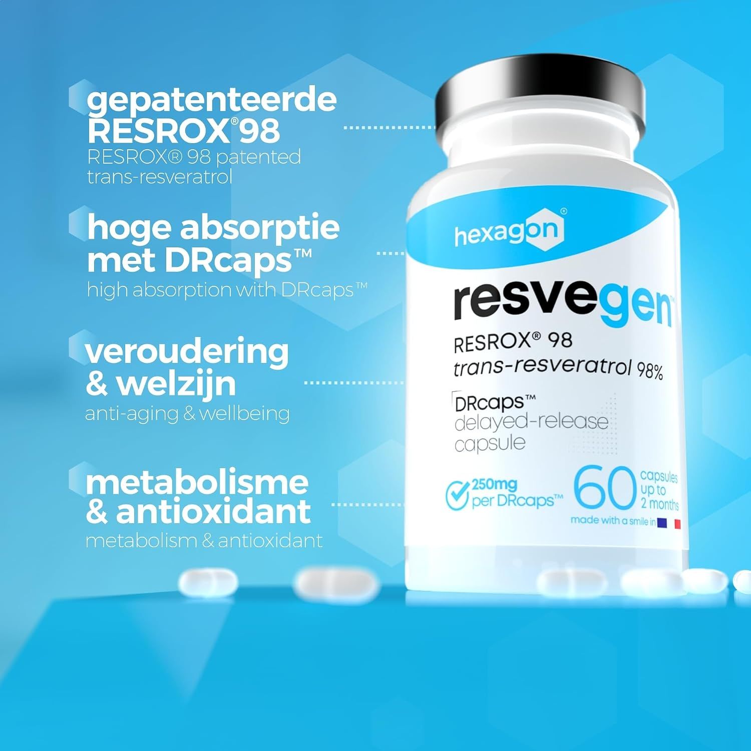 Hexagon Resveratrol capsule: 60 capsules, 250mg, Gemaakt in Frankrijk.