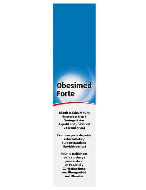 Lange, smalle verpakking van Obesimed Forte. Blauw oppervlak met productnaam en gebruiksbeschrijvingen.