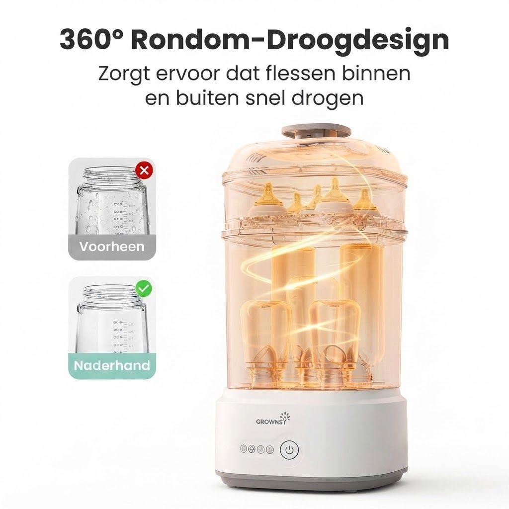 Babyfles sterilisator en droger met 360° droogontwerp. Toont flessen voor en na het drogen.