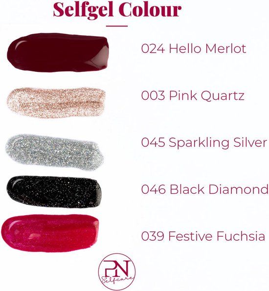 Aperçu des couleurs des vernis à ongles. Inscription "selfgel colour". Couleurs : Hello Merlot, Pink Quartz, Sparkling Silver, Black Diamond, Festive Fuchsia.