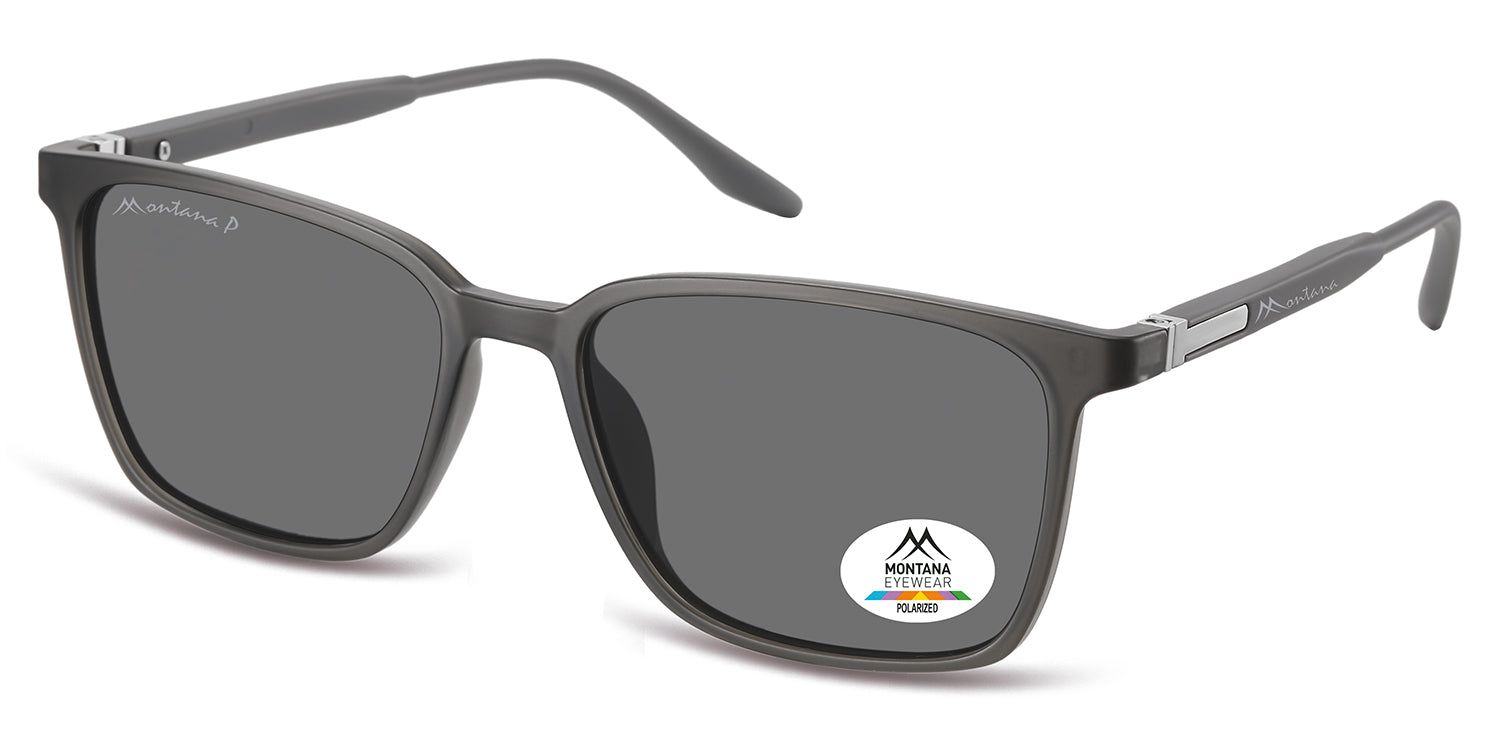 Lunettes de soleil grises avec verres rectangulaires. Logo "Montana Eyewear" sur la branche. Autocollant "Polarized".