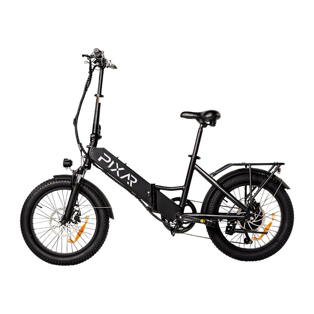 Zwarte, opvouwbare elektrische fiets. Merk PIXAR. Brede banden, bagagedrager, zadel, stuur. Accu op het frame.