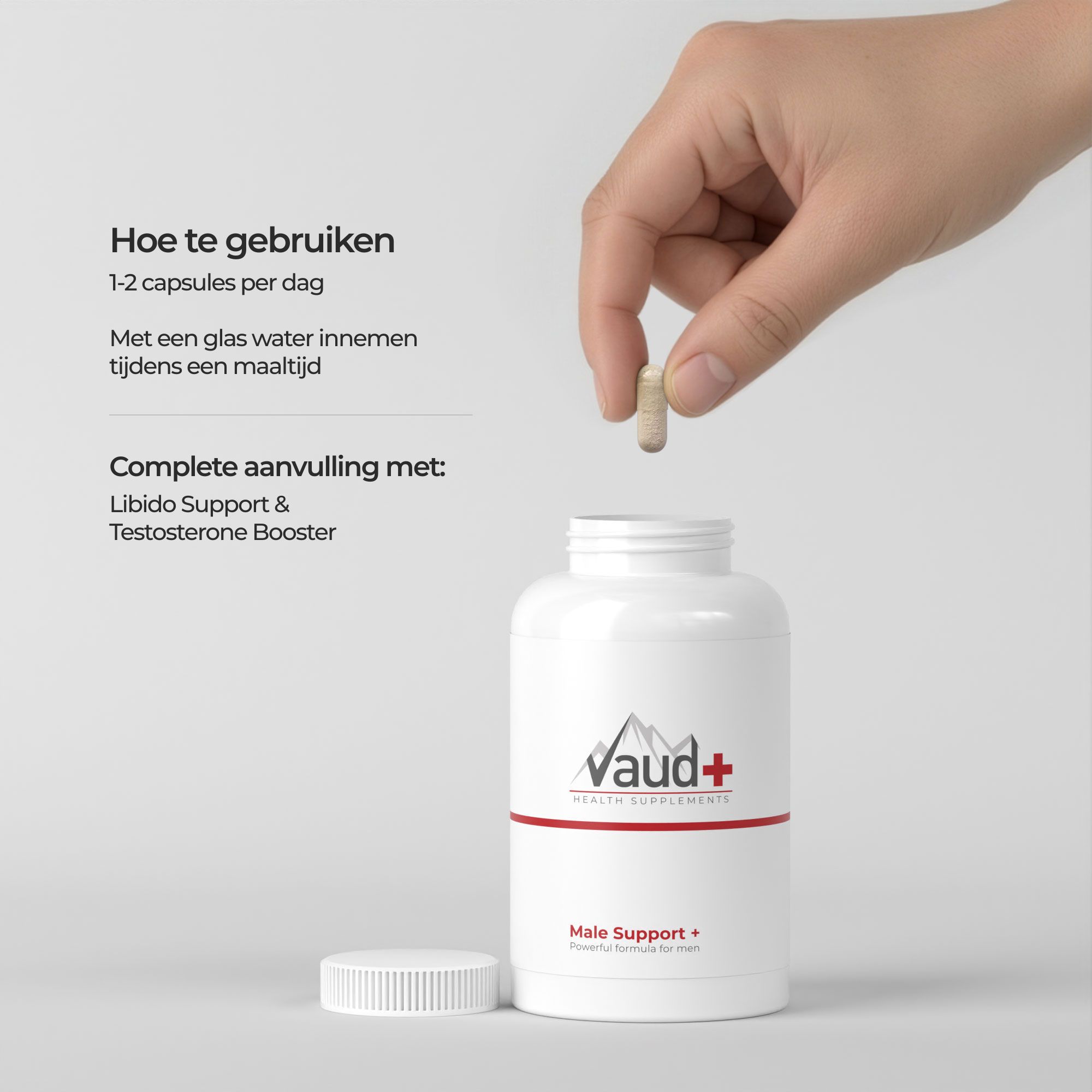 Hand legt capsule in fles. Tekst: Gebruik: 1-2 capsules per dag. Voedingssupplement.