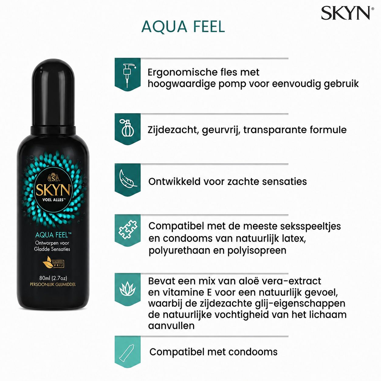 SKYN Aqua Feel glijmiddel: ergonomische fles, zijdezacht, geurvrij, met aloë vera en vitamine E.