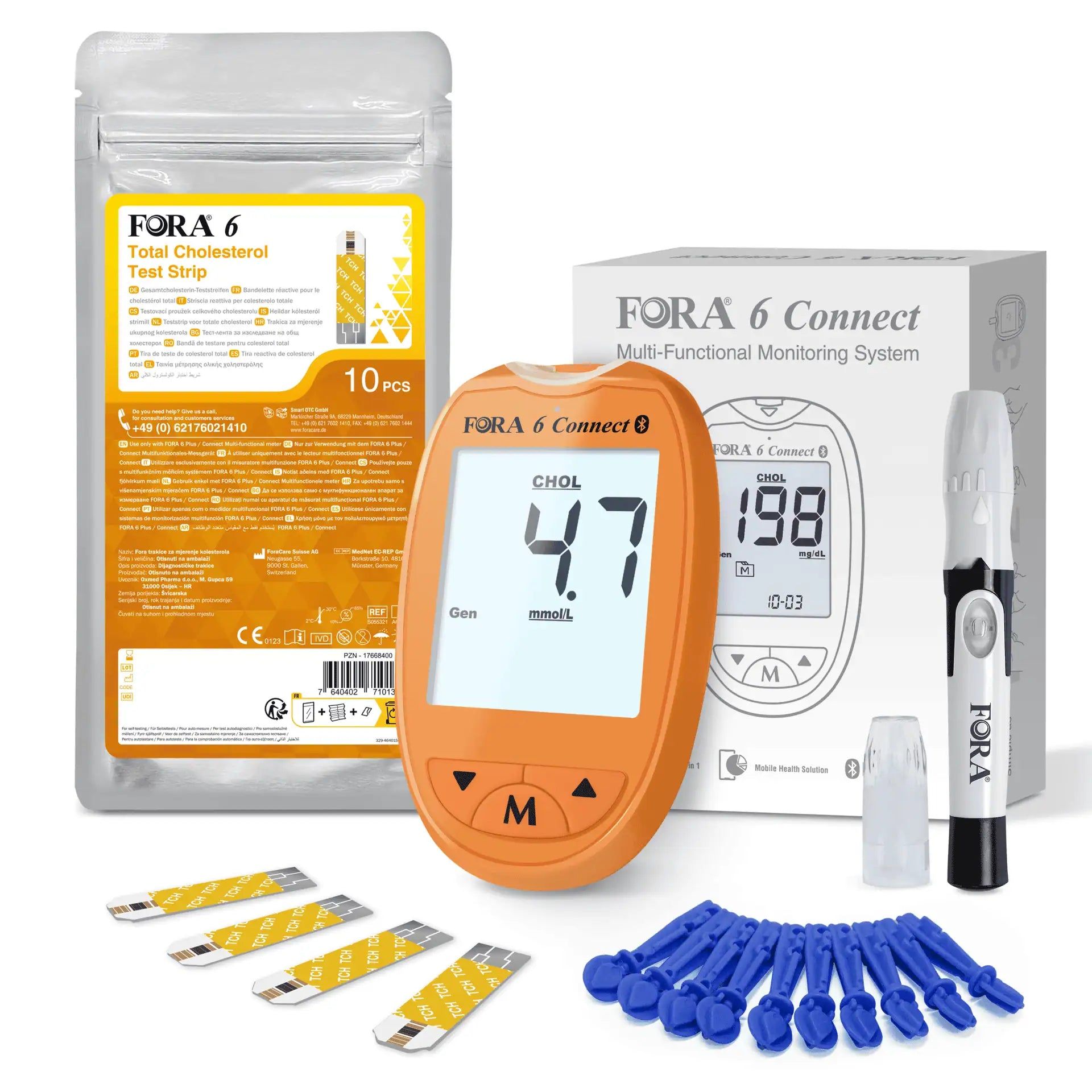 FORA 6 Connect cholesterolmeter set met meter, lancetten, prikpen en teststrips. Oranje meter met display.
