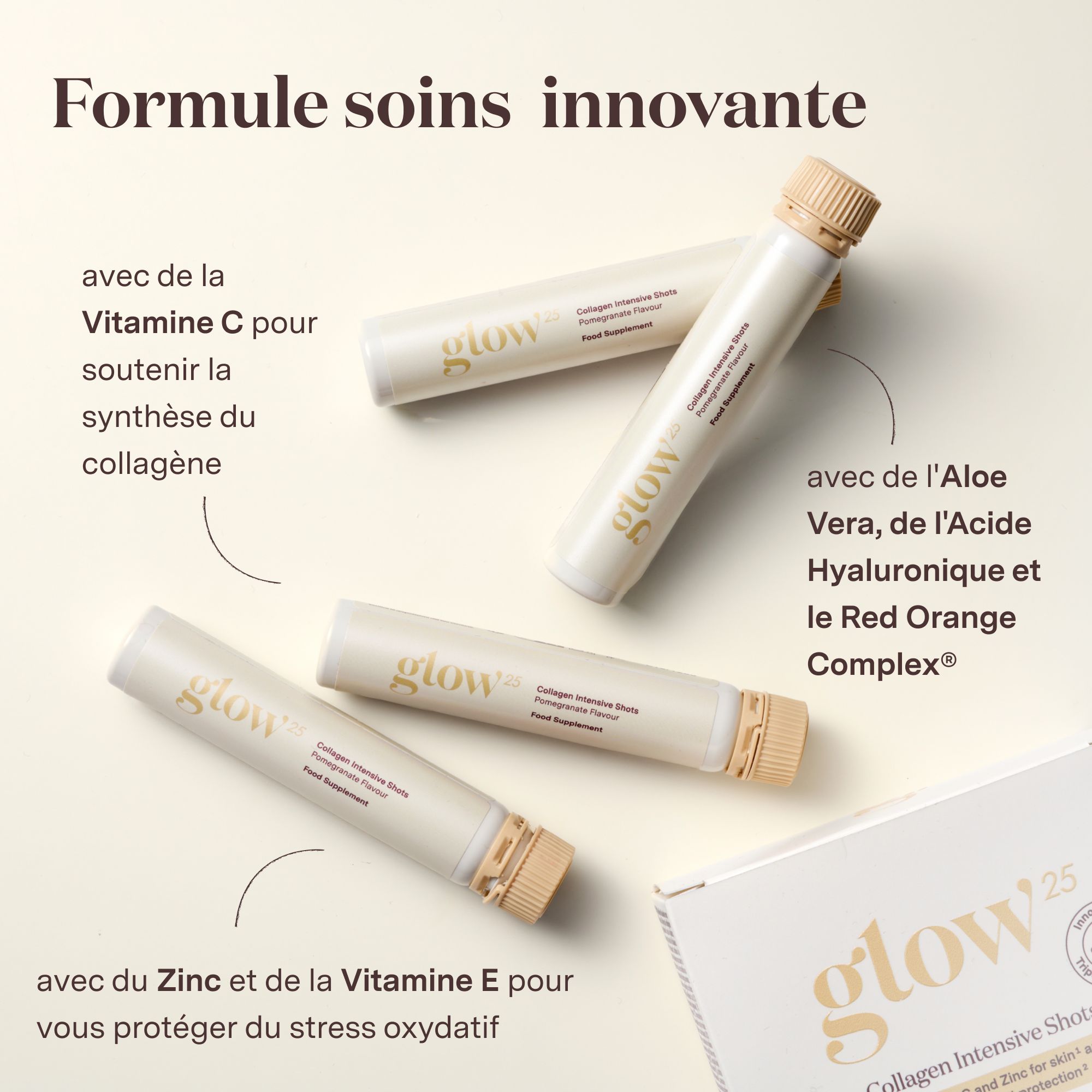 Boîte de Glow25 Collagène Intensif Shots avec une ampoule individuelle.