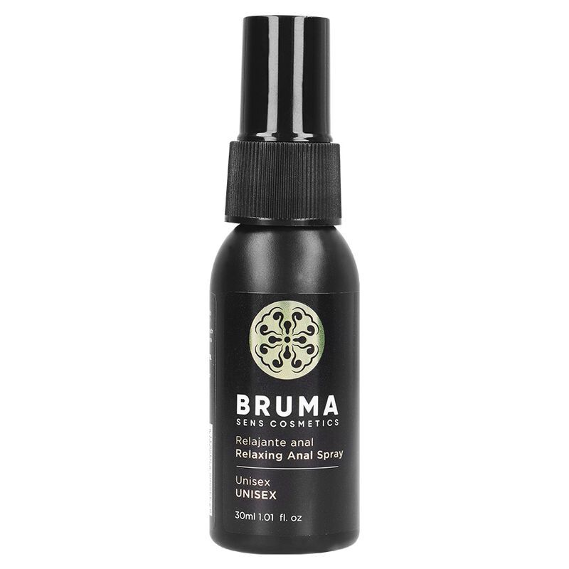 Zwarte fles Bruma Anal Relaxing Spray met sproeikop en etiket.