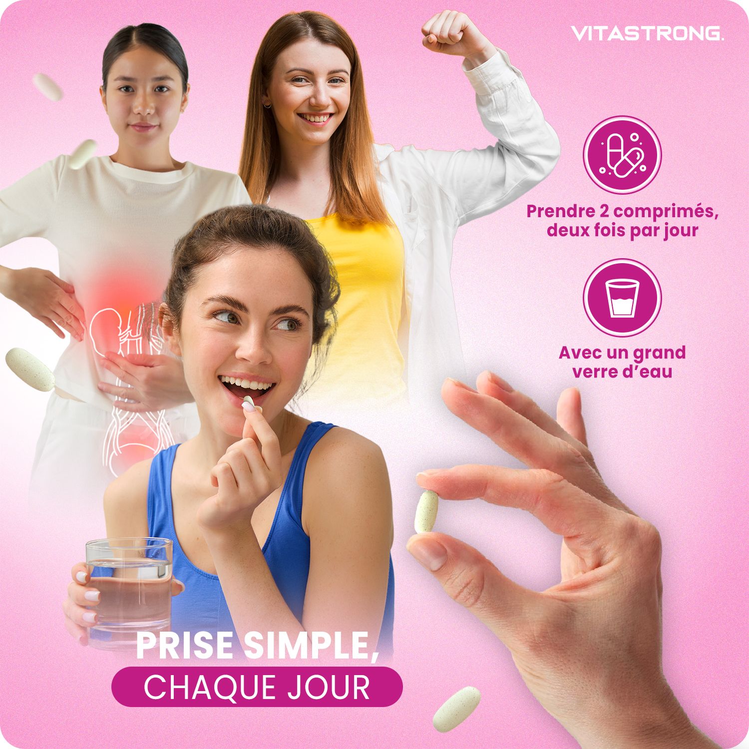 Femmes prenant Vitastrong VitaCyst, prise simple quotidienne.
