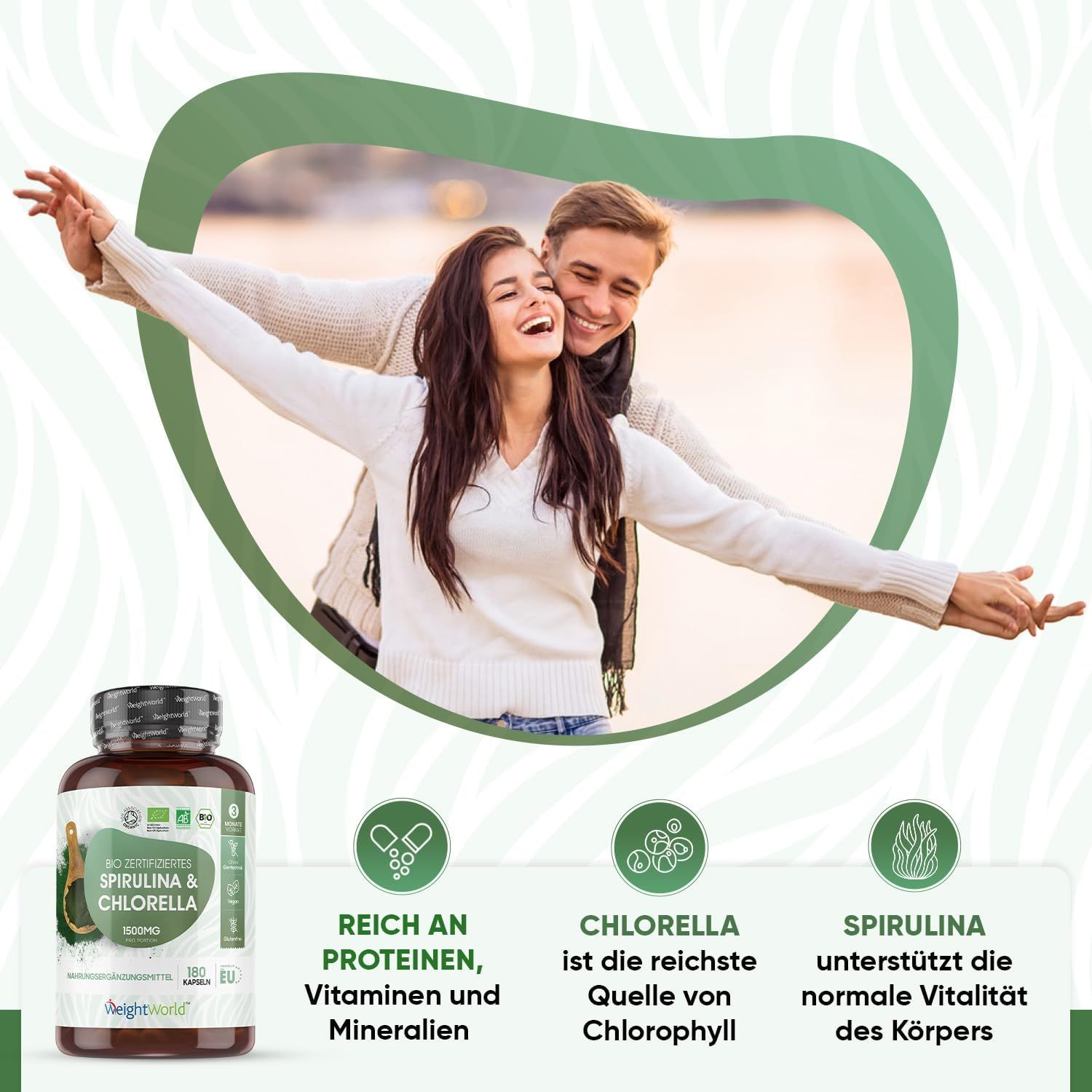 Couple s'embrassant. Texte : Riche en protéines, vitamines et minéraux. La chlorelle est la source la plus riche en chlorophylle.