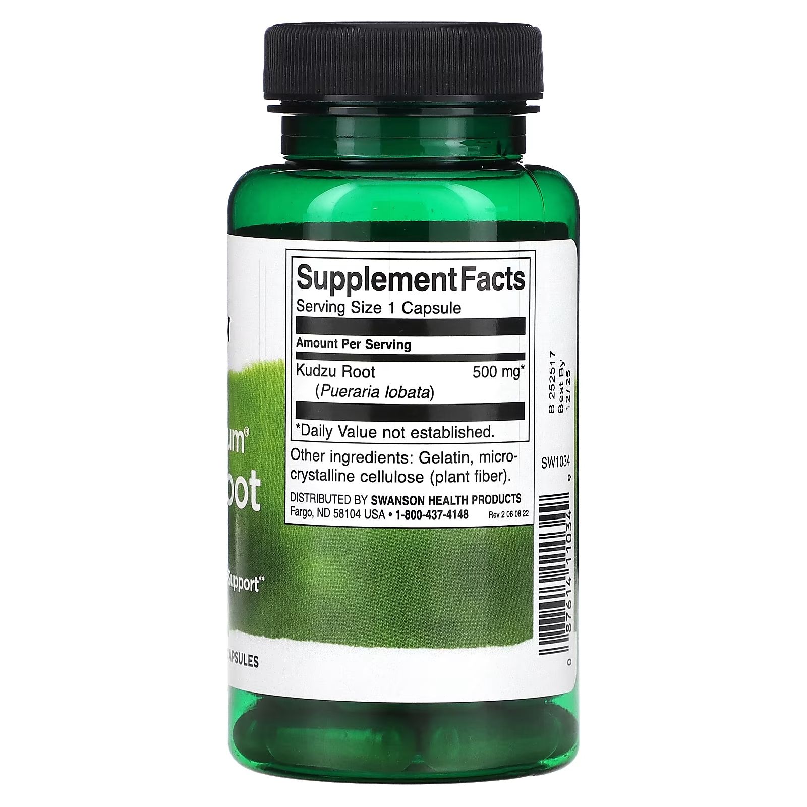Achterkant van een groene fles Swanson Kudzu Root capsules met voedingsfeiten.