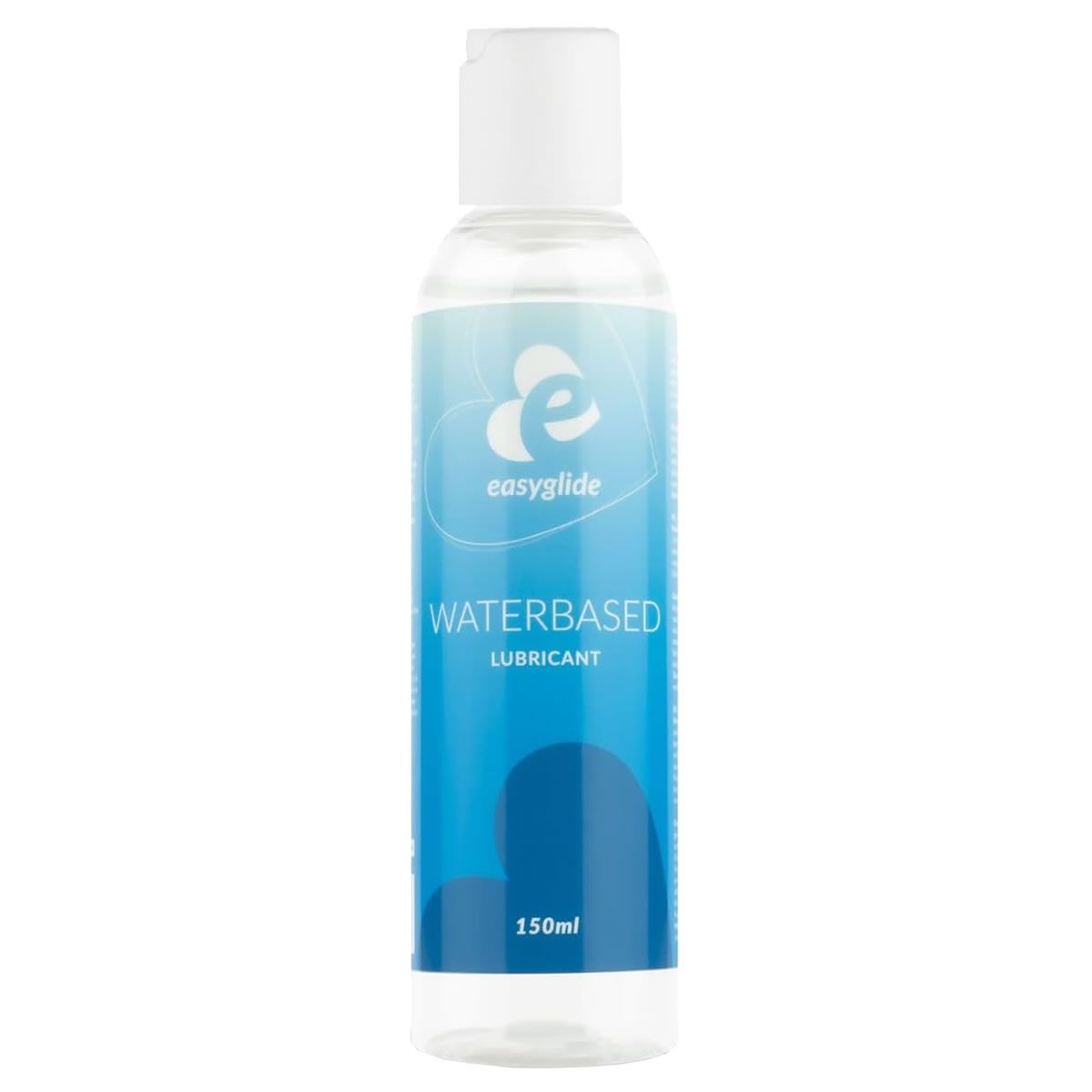 Fles met blauw-wit etiket. Opschrift: WATERBASED LUBRICANT, 150ml. Logo: easyglide. Transparante vloeistof.