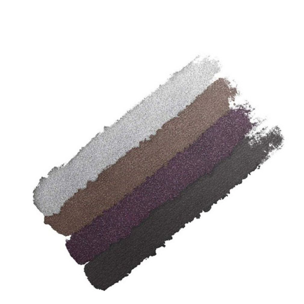 Quatre teintes argent, marron, violet et noir. Bandes de couleur sur fond blanc, disposées en diagonale.