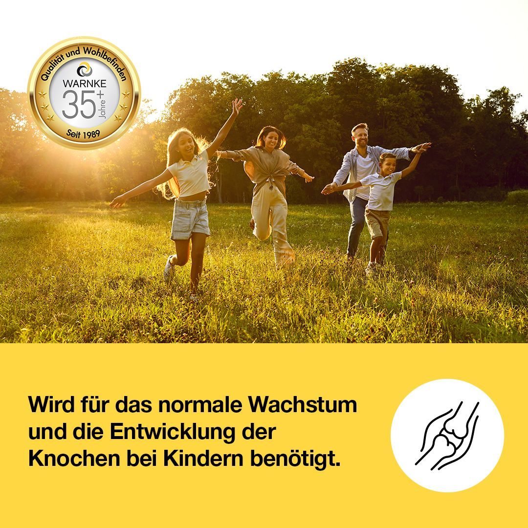 Kinderen rennen in een weiland. Gele cirkel met tekst: Nodig voor normale groei en ontwikkeling van botten bij kinderen. Symbool: botten.