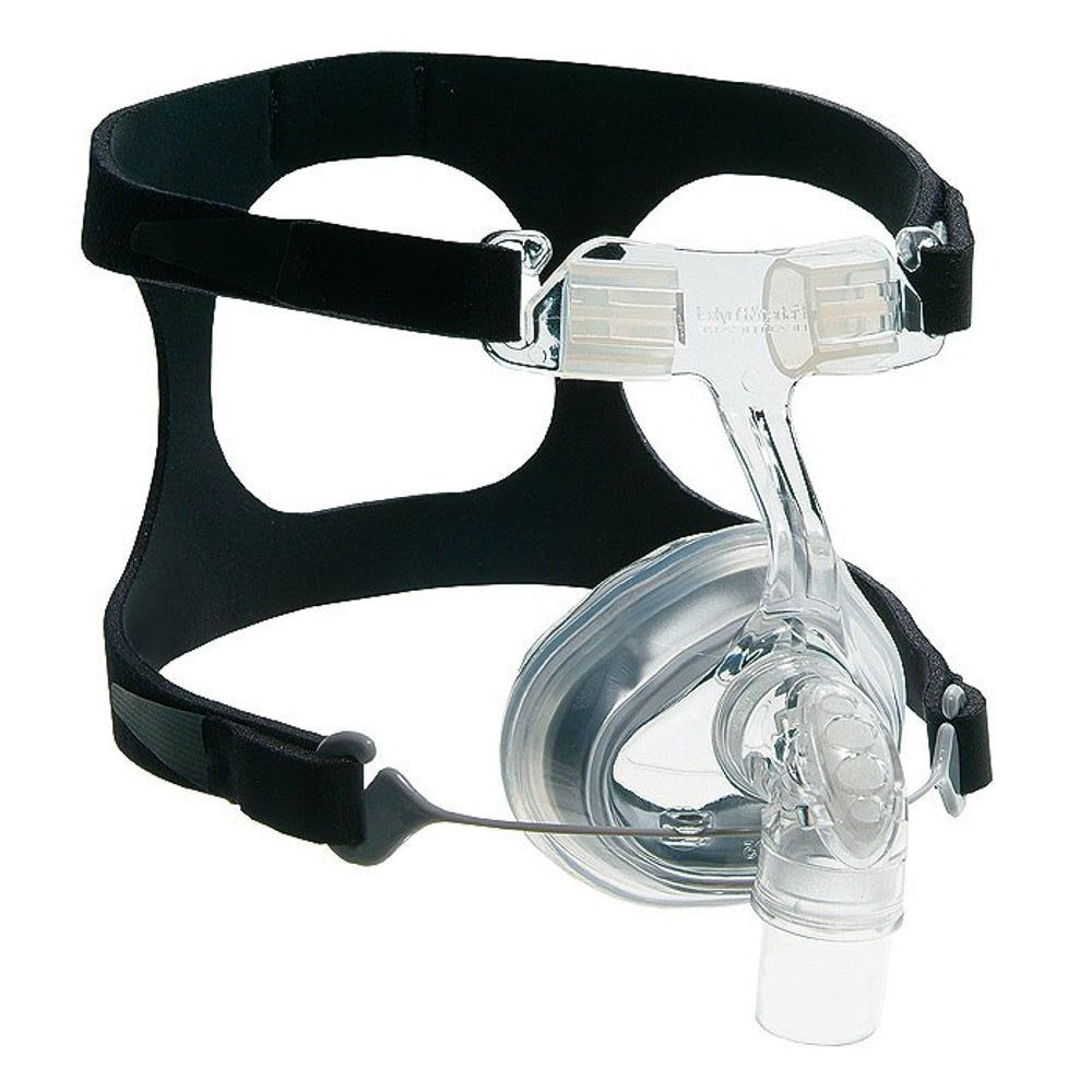 Transparant CPAP neusmasker met wit frame en zwarte hoofdband.