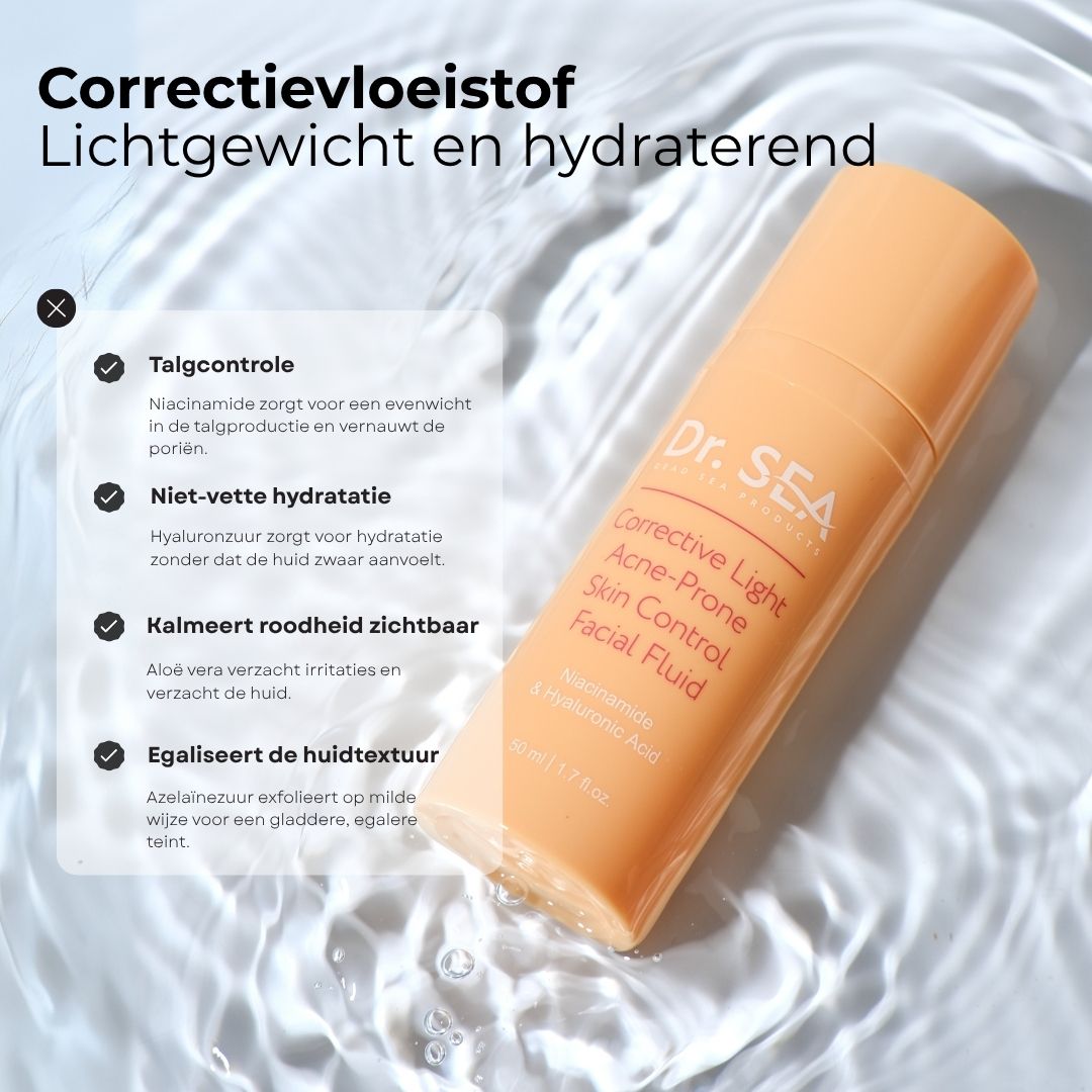 Beige fles in water. Opschrift: Dr. SEA, Corrective Light, Acne-Prone Skin Control Facial Fluid. Tekst over eigenschappen.