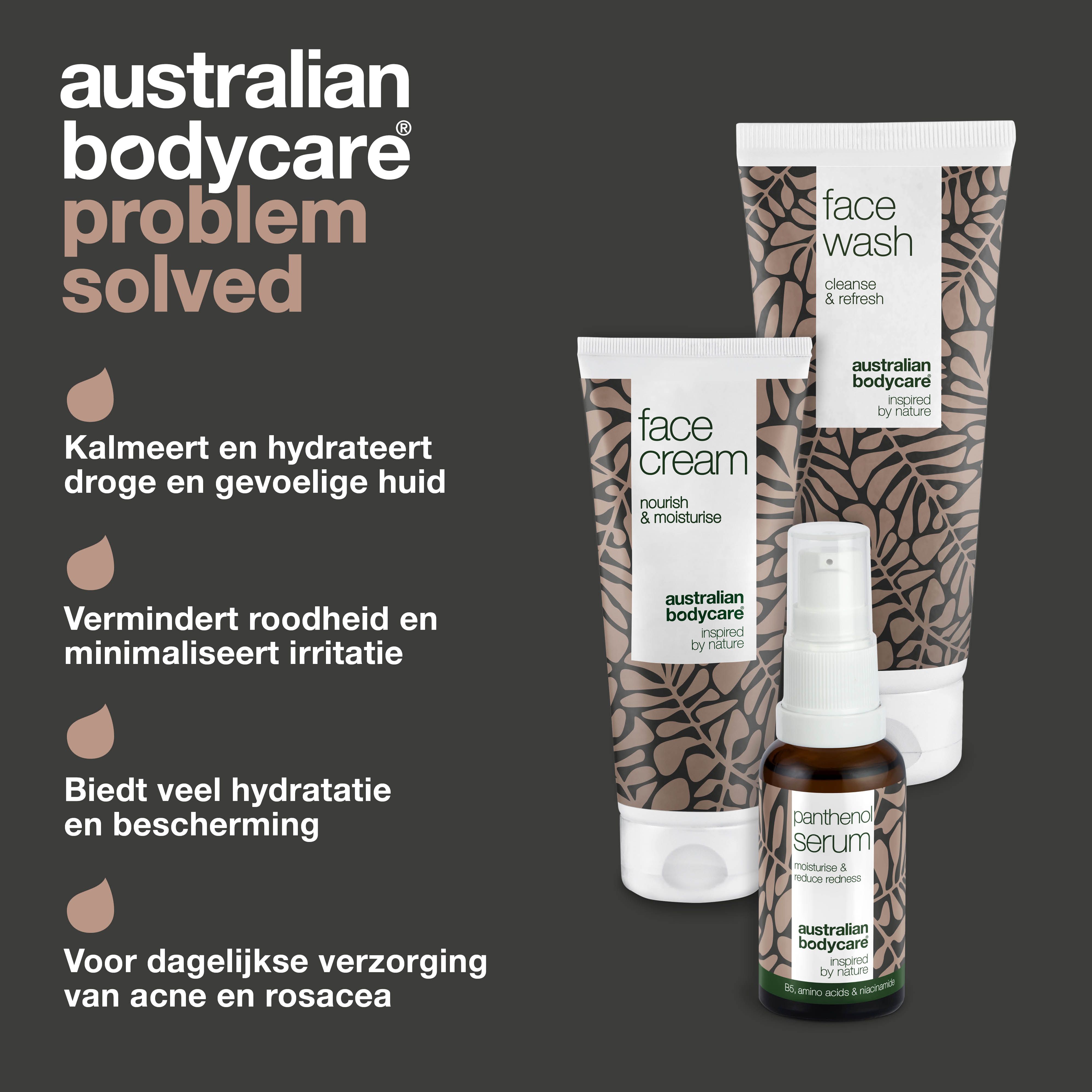 Serumfles en producten: Face Wash en Face Cream. Tekst: Panthenol Serum, 100% recyclebare verpakking. Merk: Australian Bodycare.
