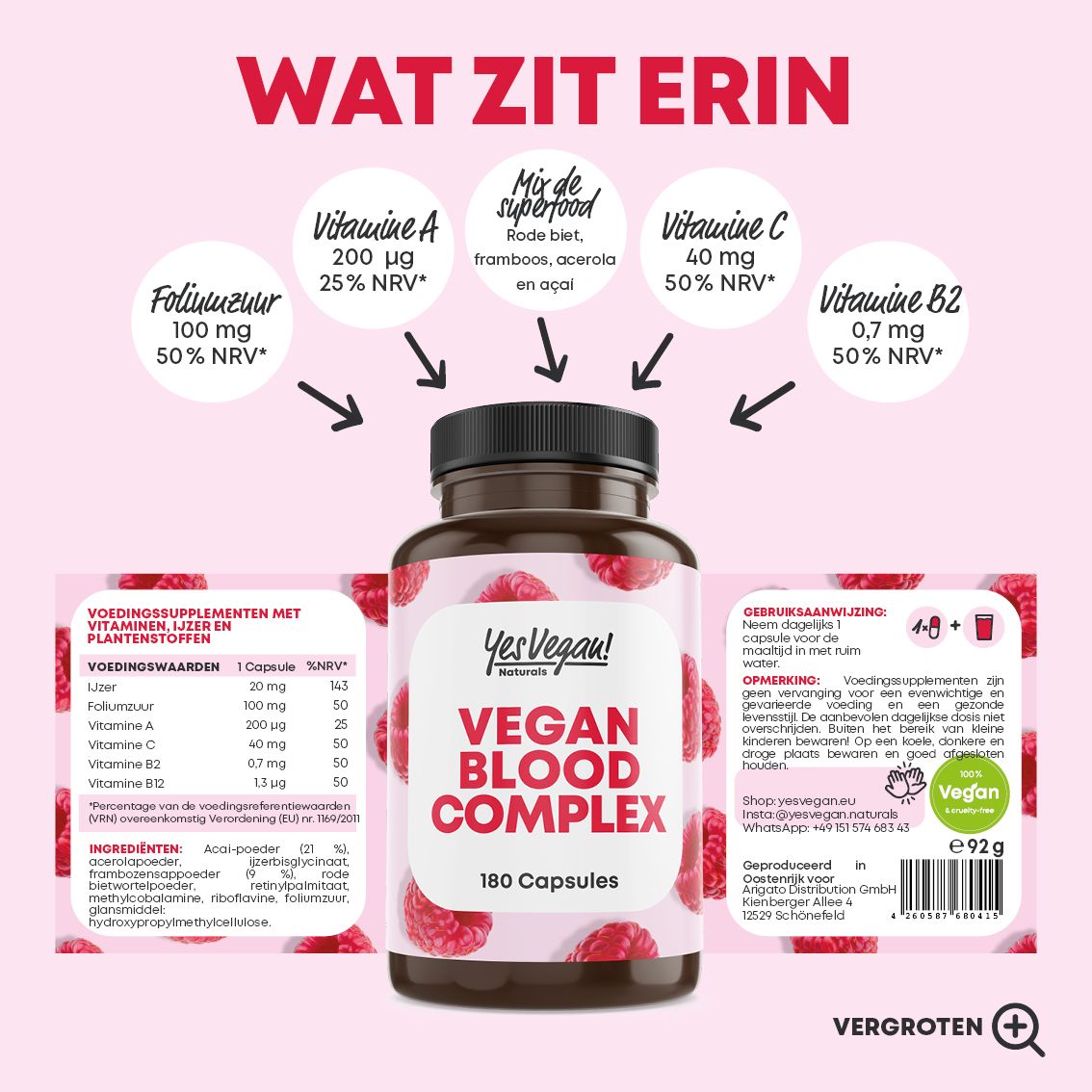 Fles met frambozenpatroon, omringd door cirkels die vitamines en ingrediënten tonen (Nederlands).