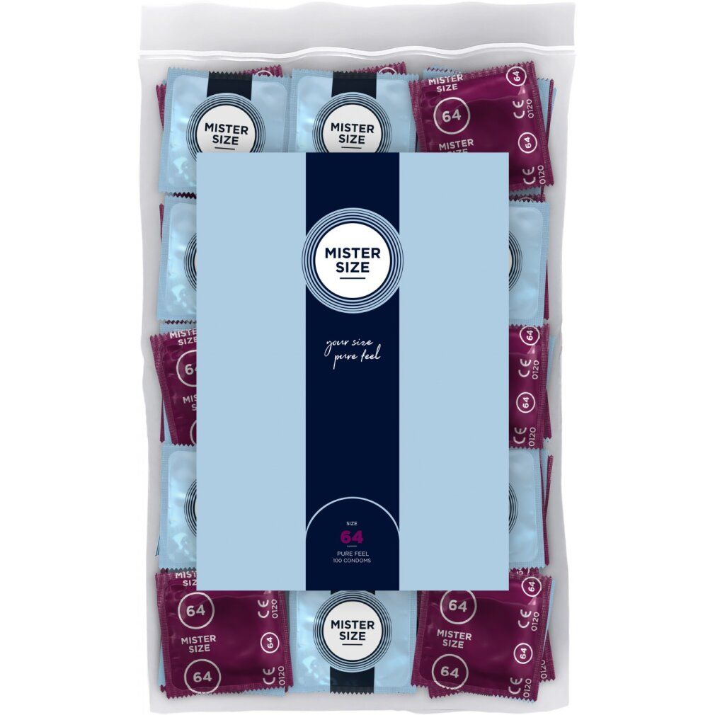 Sachet de préservatifs. Emballages individuels bleus et violets. Inscription : Mister Size, 64.