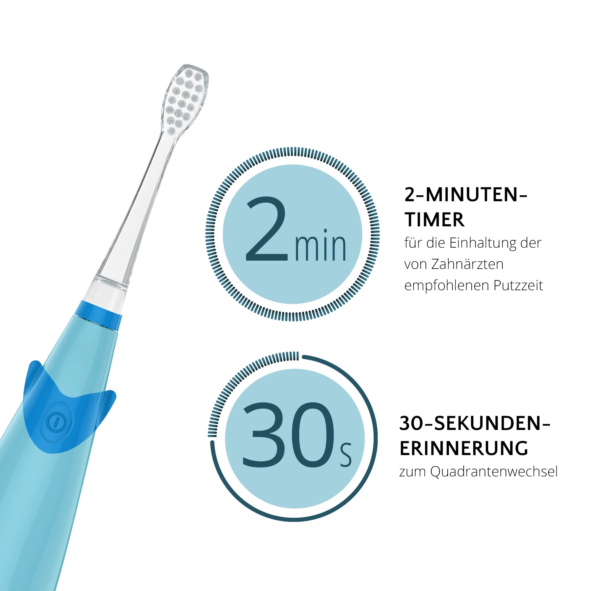 Blauwe elektrische tandenborstel. Tekst: 2-minutentimer en 30-secondenherinnering.