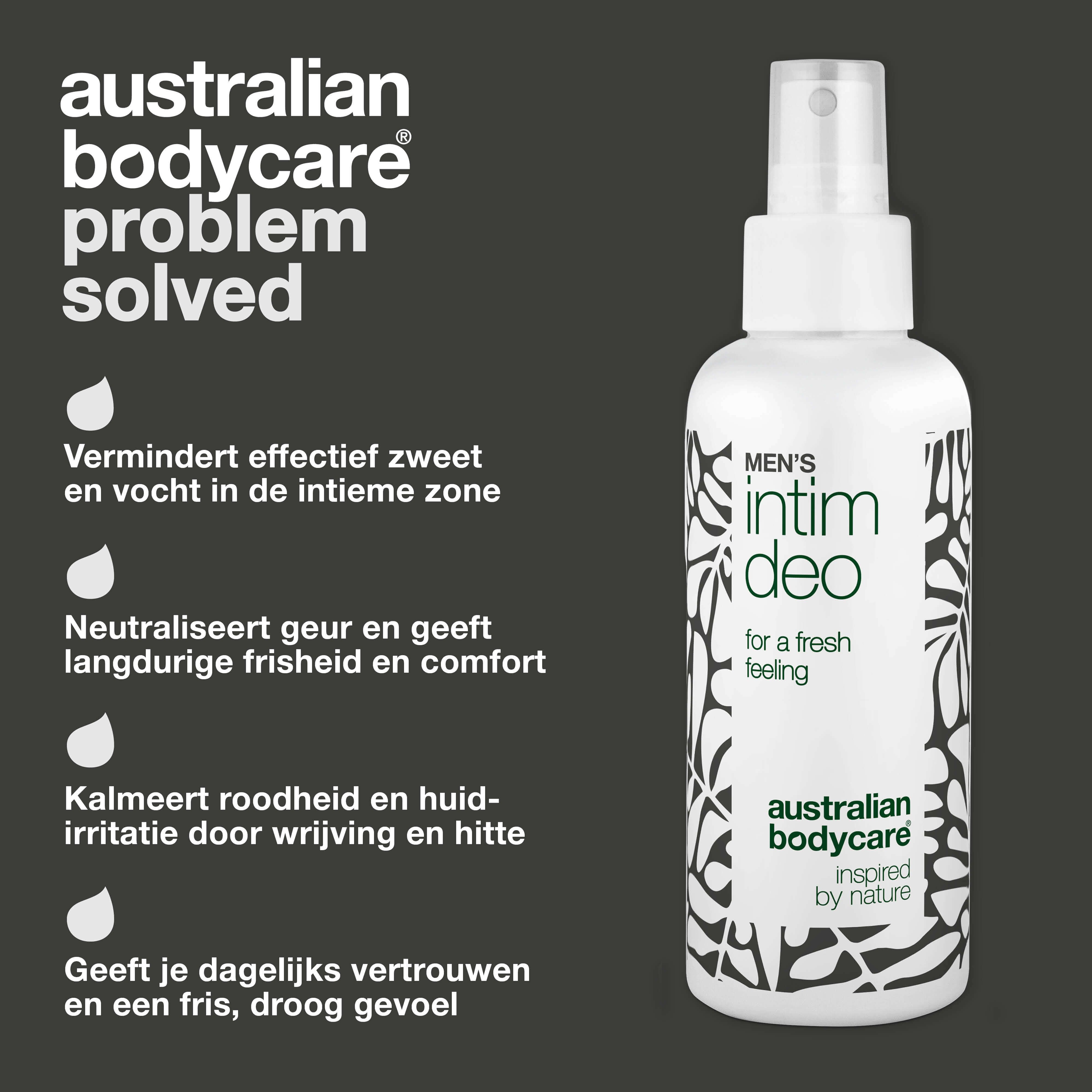 Intieme deo-spray. Tekst: Vermindert zweet, neutraliseert geur, kalmeert, geeft vertrouwen. Australian Bodycare.