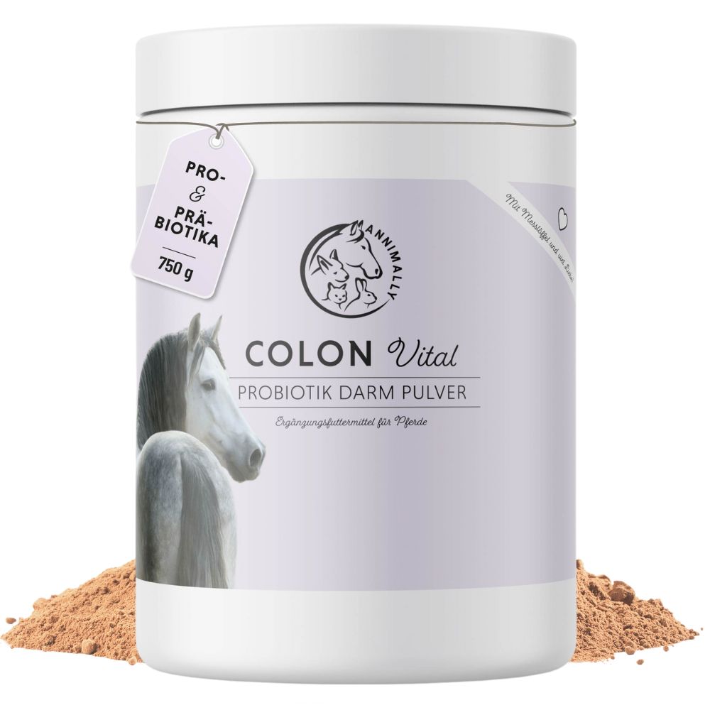 Pot blanc. Inscription: Colon Vital, Probiotique Darm Pulver. 750 g. Image de cheval.
