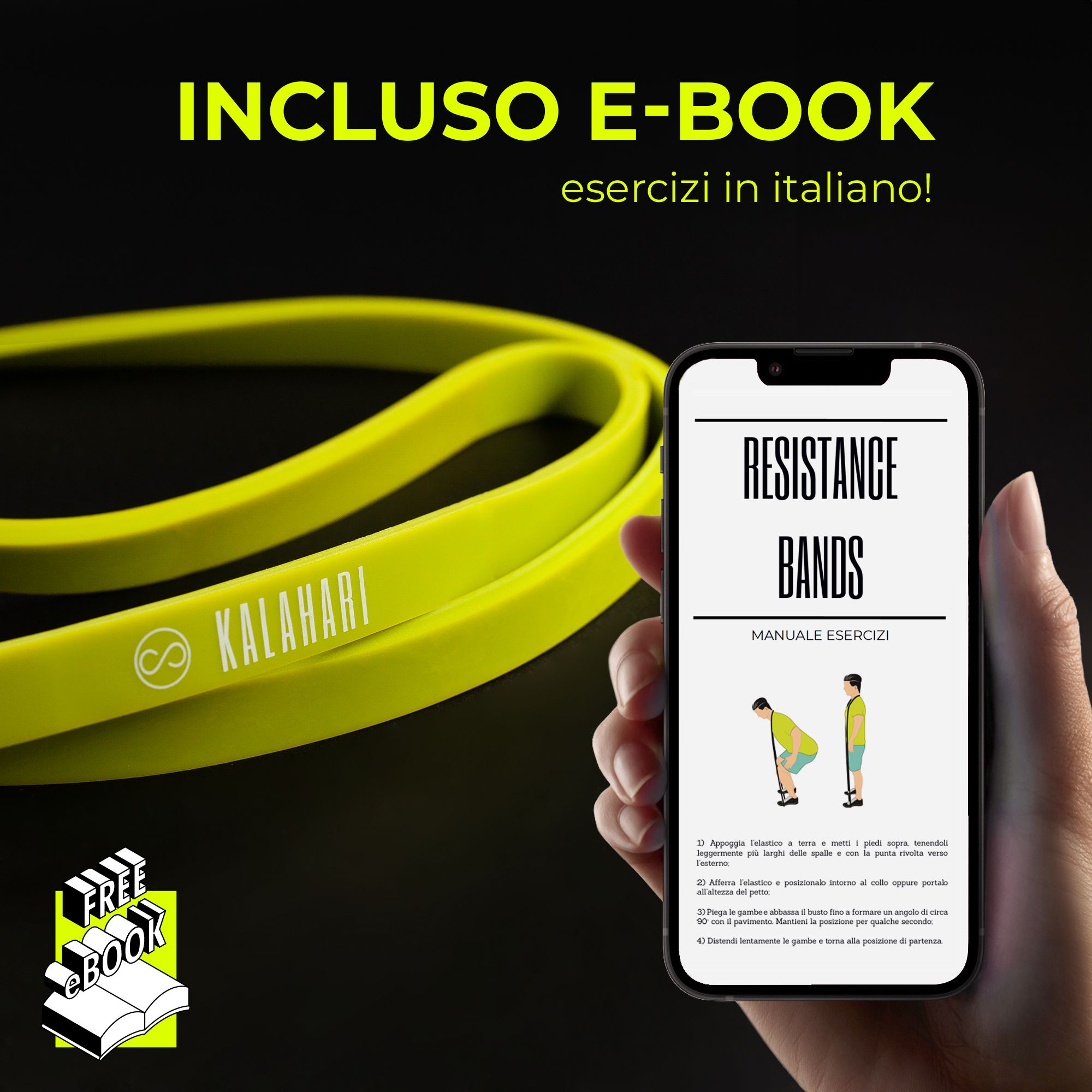 Bande de résistance verte KALAHARI à côté d'un smartphone affichant un e-book d'exercices. 'Incluso E-Book'.