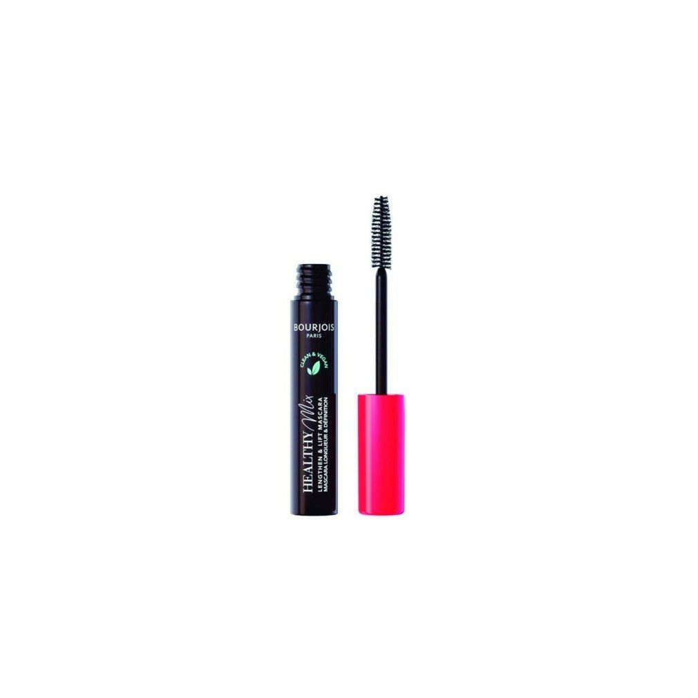 Tube de mascara avec brosse. Tube noir, bouchon rouge. Inscription : Bourjois Paris, Healthy Mix.