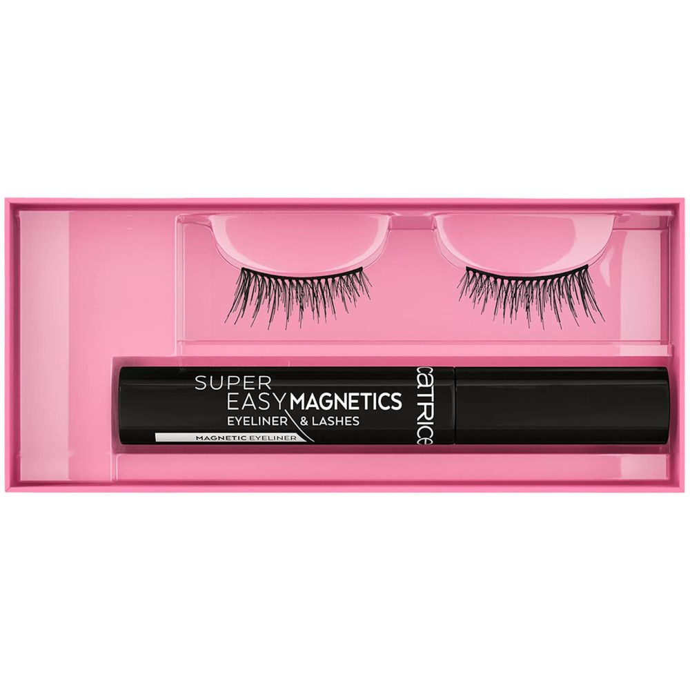 Roze verpakking met valse wimpers en magnetische eyeliner. Tekst: Super Easy Magnetics, Eyeliner & Lashes, Magnetic Eyeliner included.