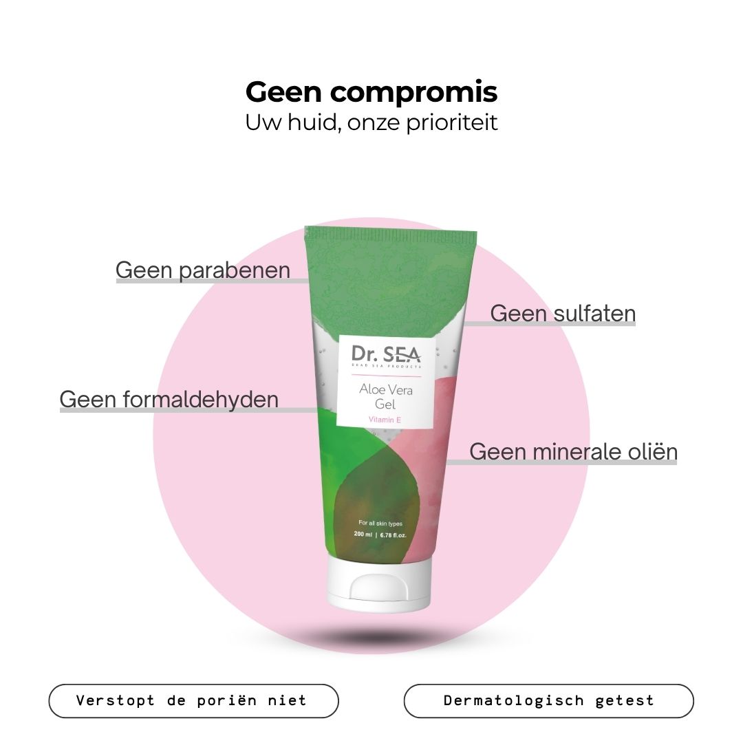 Tube met aloë vera gel. Groen-roze design. Tekst: Dr. SEA, Aloe Vera Gel, Vitamine E. Infographic: Zonder toevoegingen.