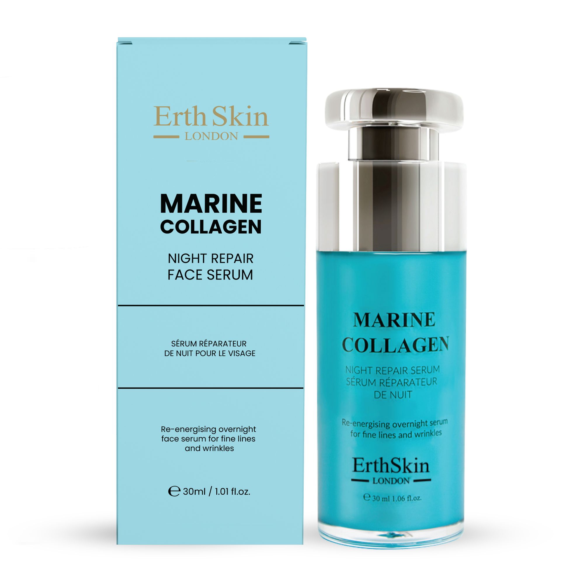 Sérum réparateur de nuit au collagène marin et son emballage.