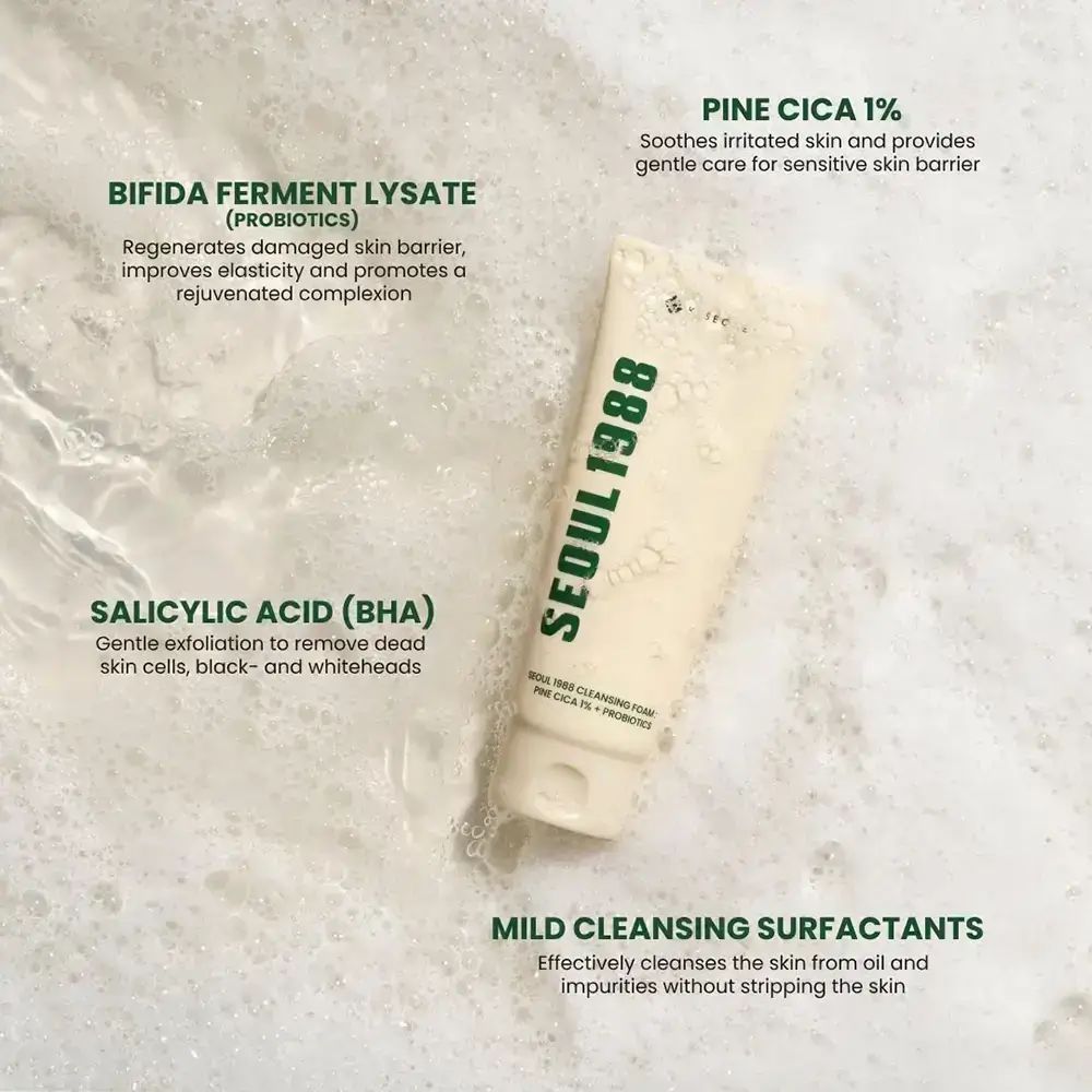 Tube de crème dans des bulles de savon. Inscription : SEOUL 1988. Texte : Pine Cica 1% + Probiotics. Textes supplémentaires.