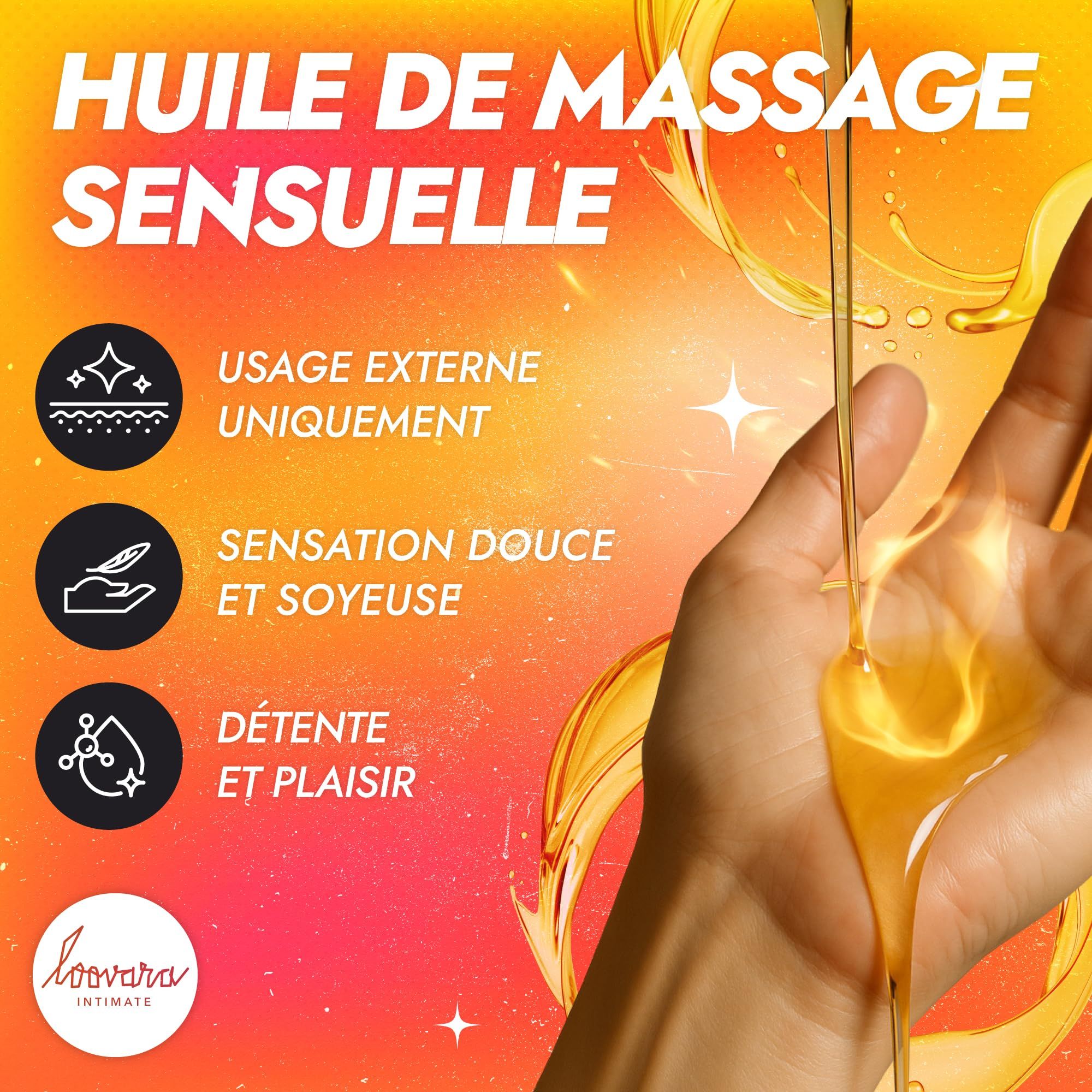 Bouteille d'huile de massage Loovara Warm Up avec étiquette jaune, entourée d'éclaboussures d'huile.