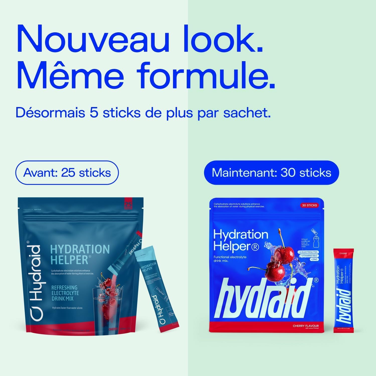 Comparaison: Ancien sachet (25 sticks) vs nouveau sachet (30 sticks) Hydraid Hydration Helper.