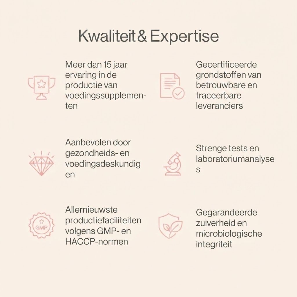 Grafiek over kwaliteit en expertise: meer dan 15 jaar ervaring, gecertificeerde grondstoffen, aanbevolen door experts, strenge tests, GMP/HACCP-faciliteiten, gegarandeerde zuiverheid.