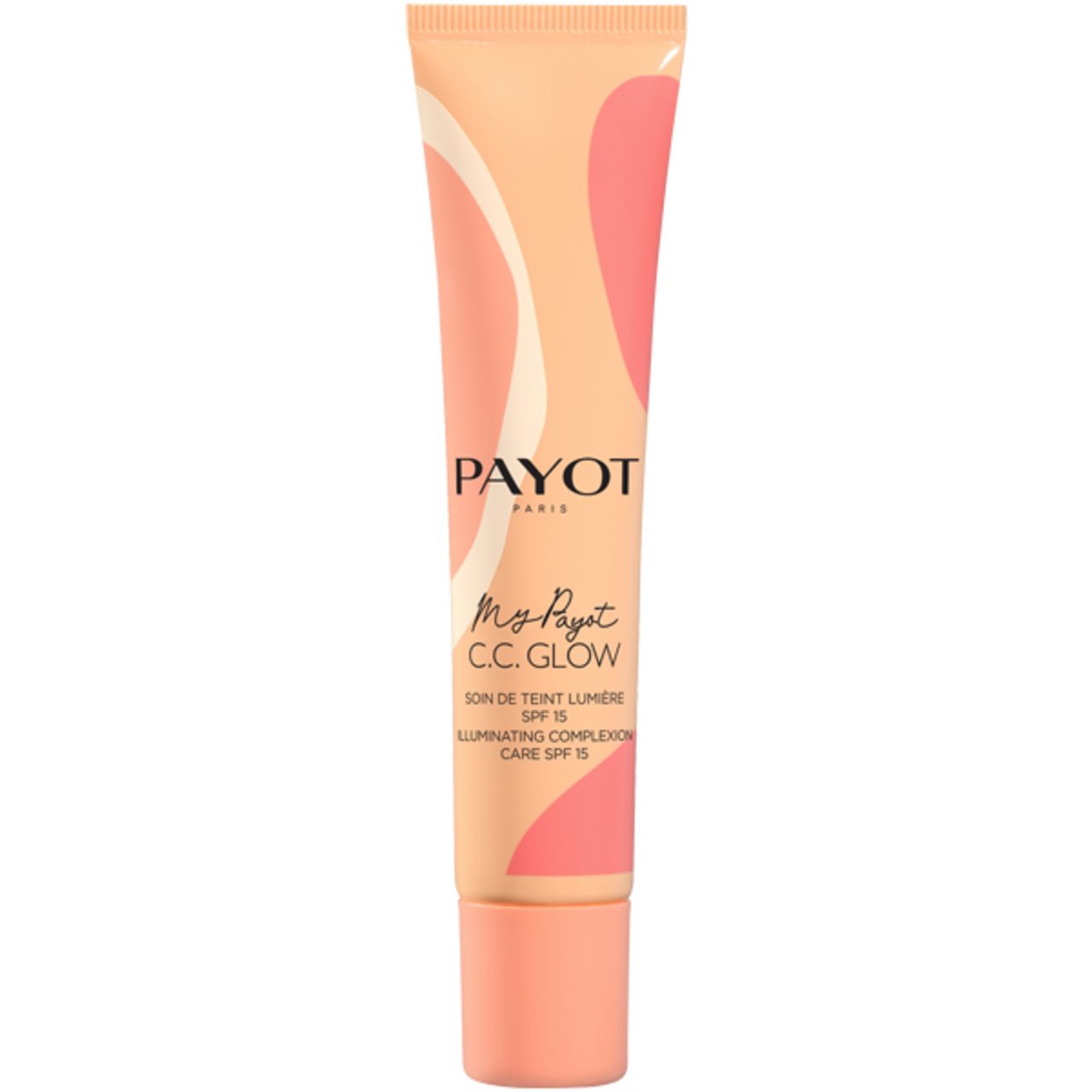 Payot My Payot C.C. Glow. Tube met getinte crème, SPF15. Beige, roze en oranje elementen. Productnaam en details.