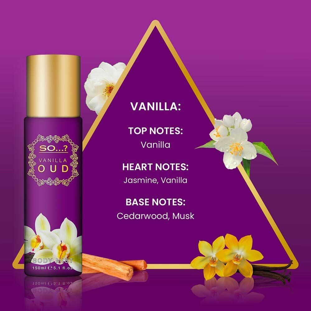 Flacon de brume corporelle violet avec bouchon doré. Texte: Vanilla Oud. Texte sur les notes de vanille. Fleurs d'orchidées et bâtons de cannelle.