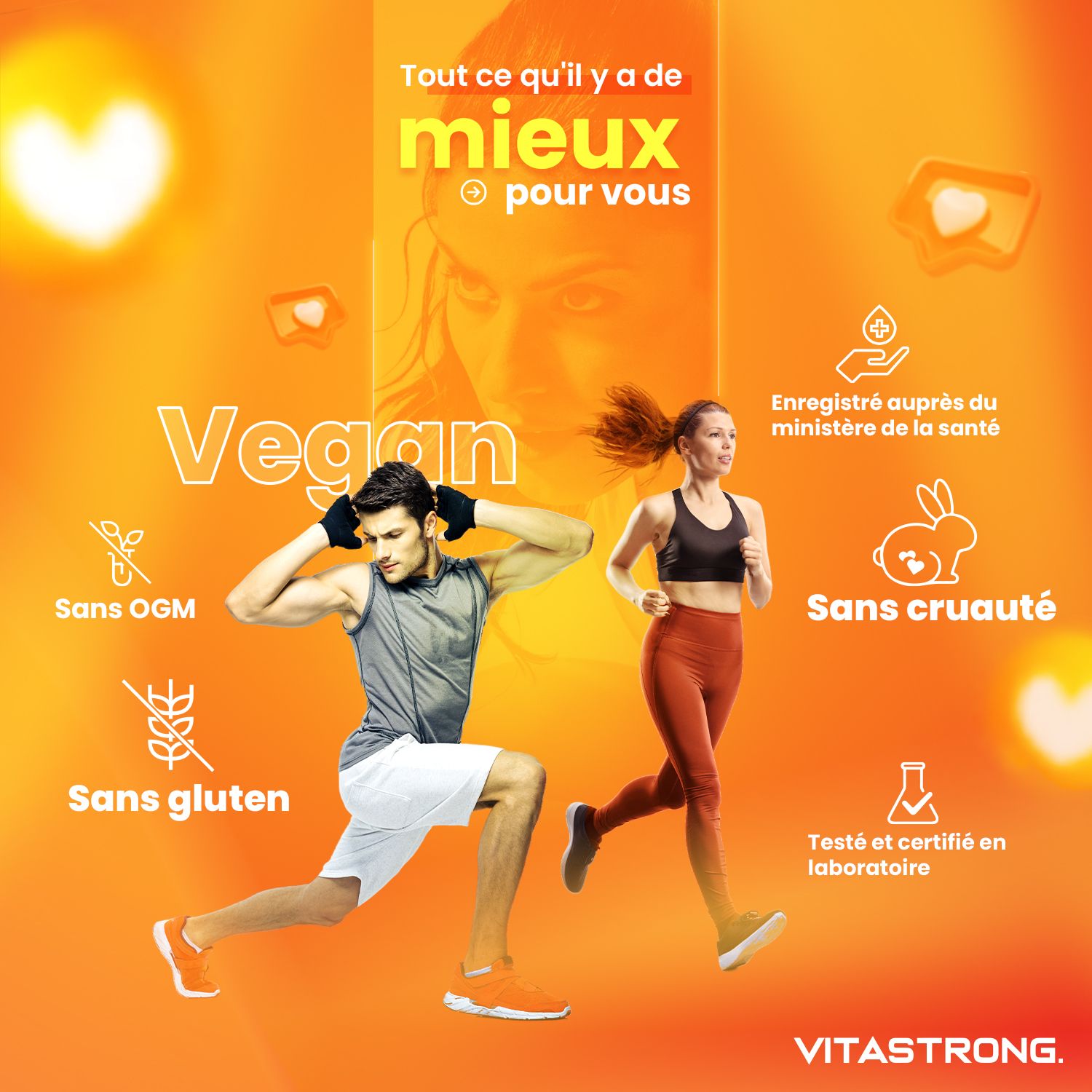 Man en vrouw sporten. Vegan, GGO-vrij, glutenvrij, dierproefvrij. Laboratorium getest en gecertificeerd. Vitastrong-logo.