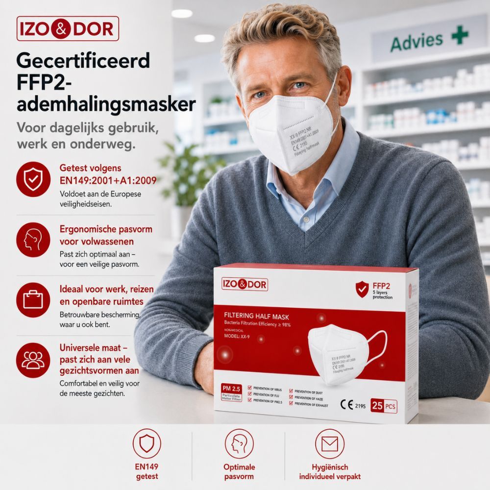 Man met wit FFP2-masker, productverpakking en kenmerken: CE-gecertificeerd, ergonomisch, ideaal voor werk en reizen.