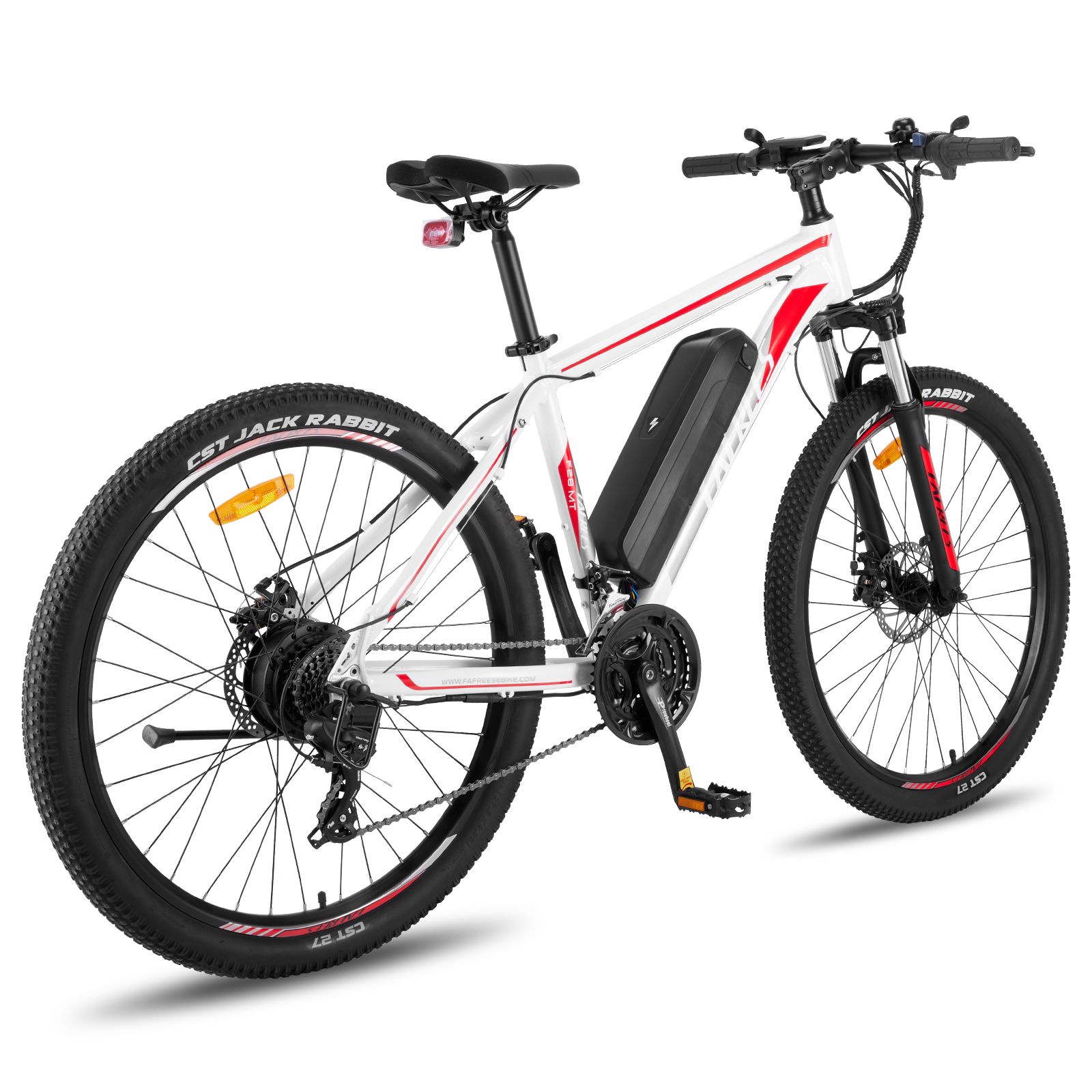 VTT électrique blanc avec accents rouges. Pneus, fourche et guidon noirs. Batterie sur le cadre.