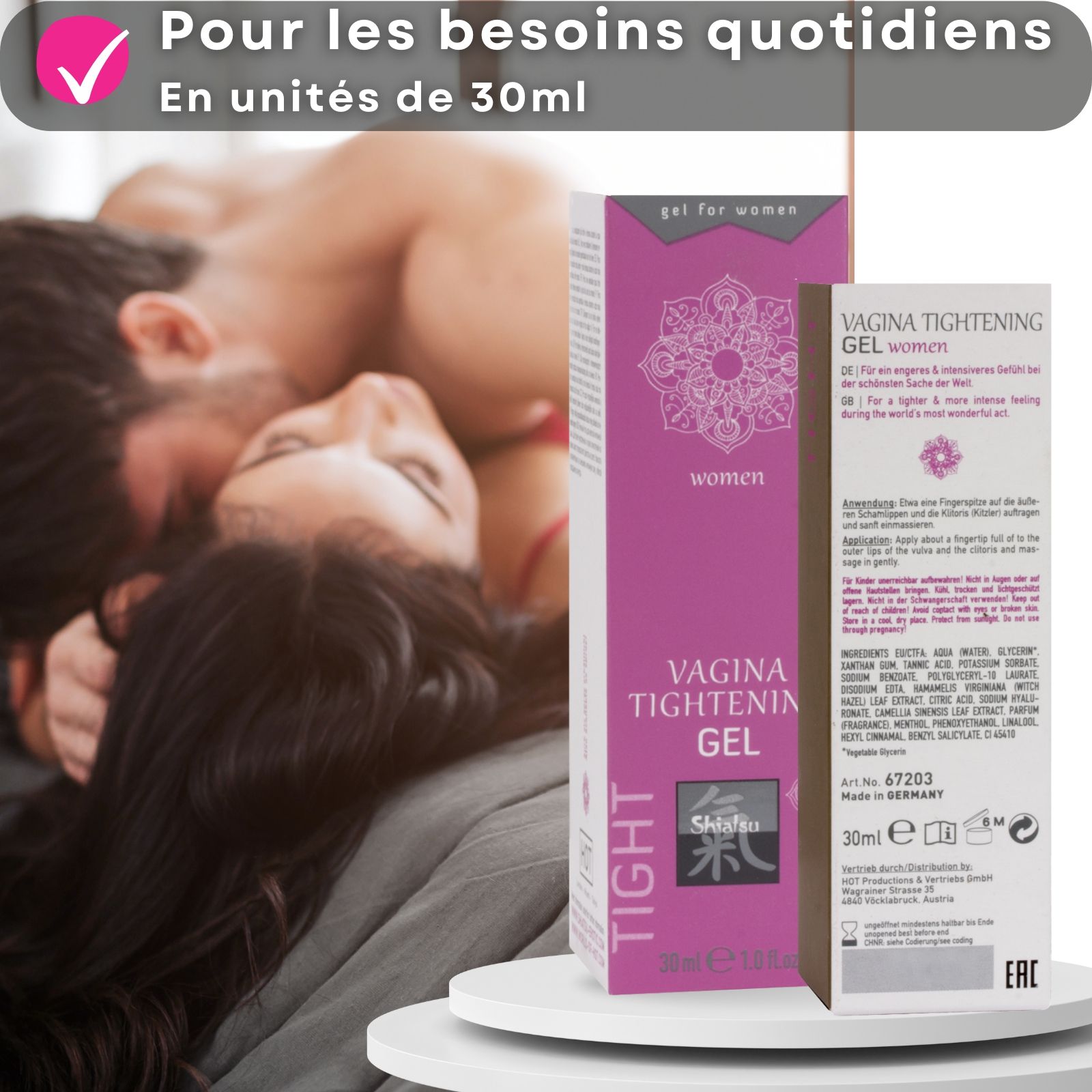 Produit et emballage. Gel Vagina Tightening. Tube rose. Texte et logo. Fond : couple.