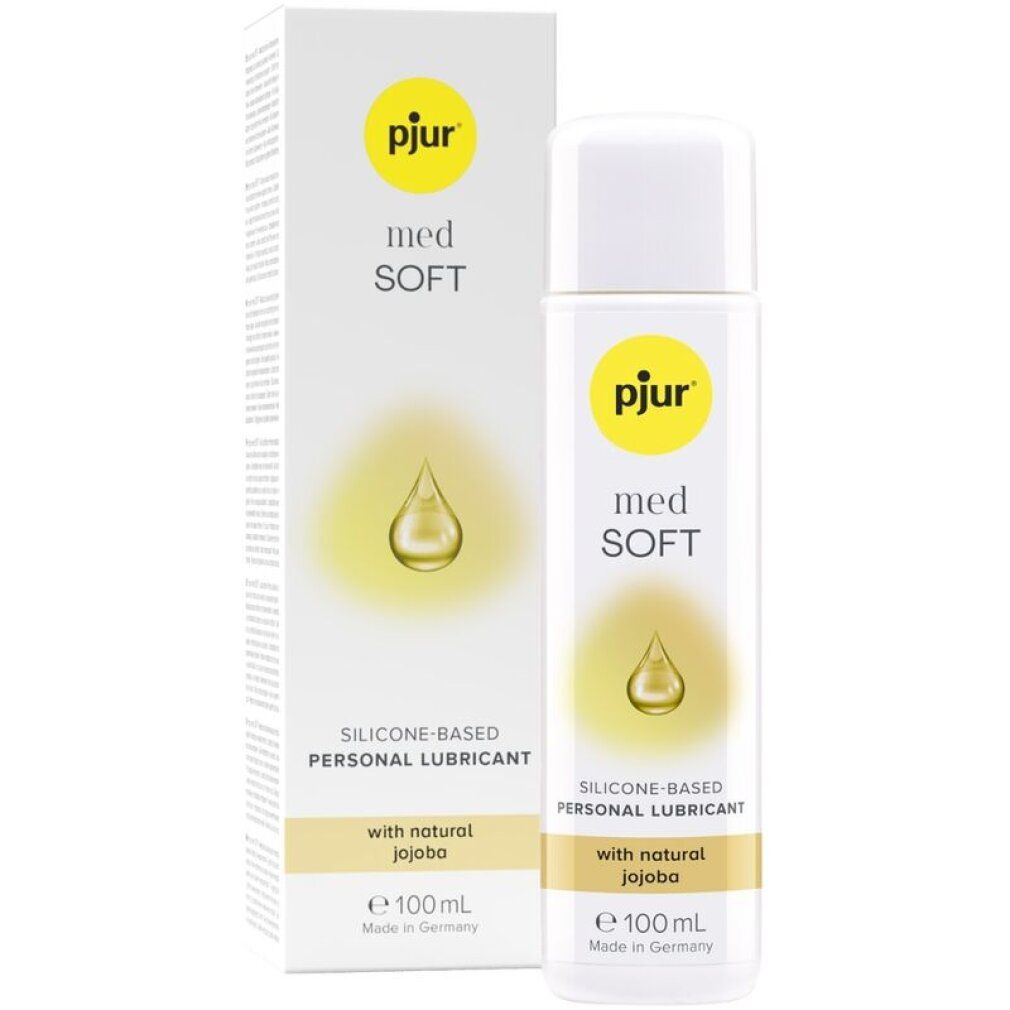 Fles en verpakking van pjur® med *Soft*. Opschrift: Silicone-based Personal Lubricant with natural Jojoba. E 100 ml.